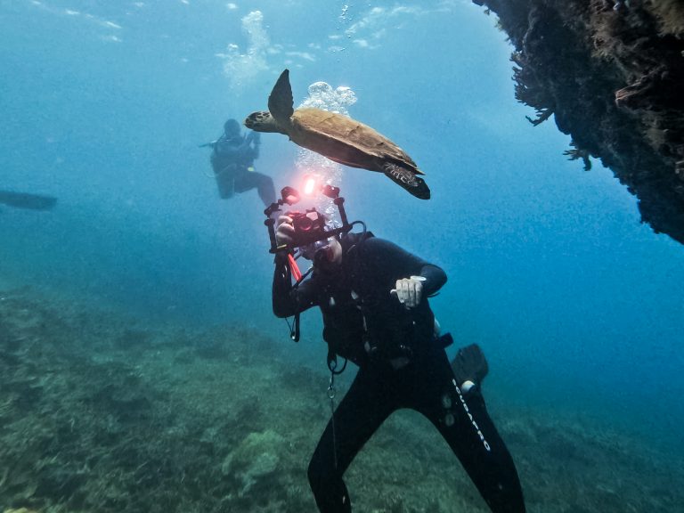 Rick Parker, also known as Underwater Parker, photographing a turtle while diving at Tioman Island, Malaysia.