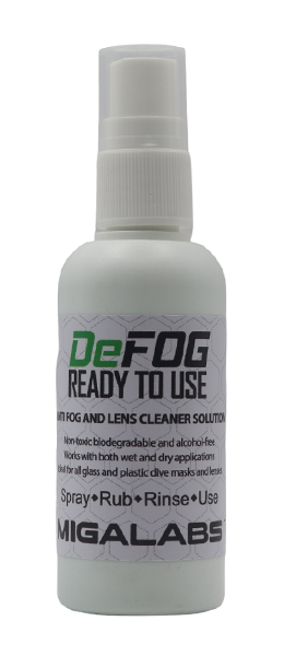 Migalabs DeFOG mask defog spray used by Underwater Parker for scuba diving
