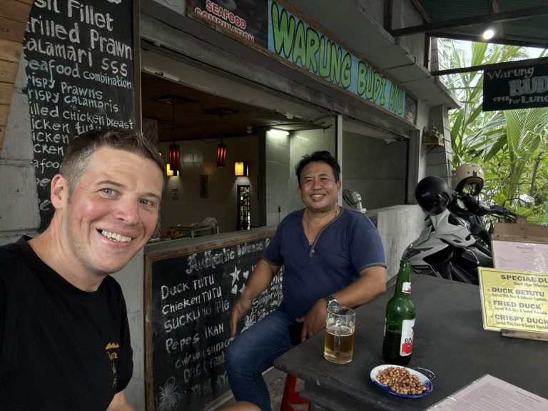 Rick Parker (Underwater Parker) with Budi, owner of Warung Budi Ayu restaurant in Candidasa, Bali