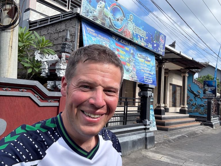 Rick Parker (Underwater Parker) outside Sianmay Dive Bali in Candidasa, Bali