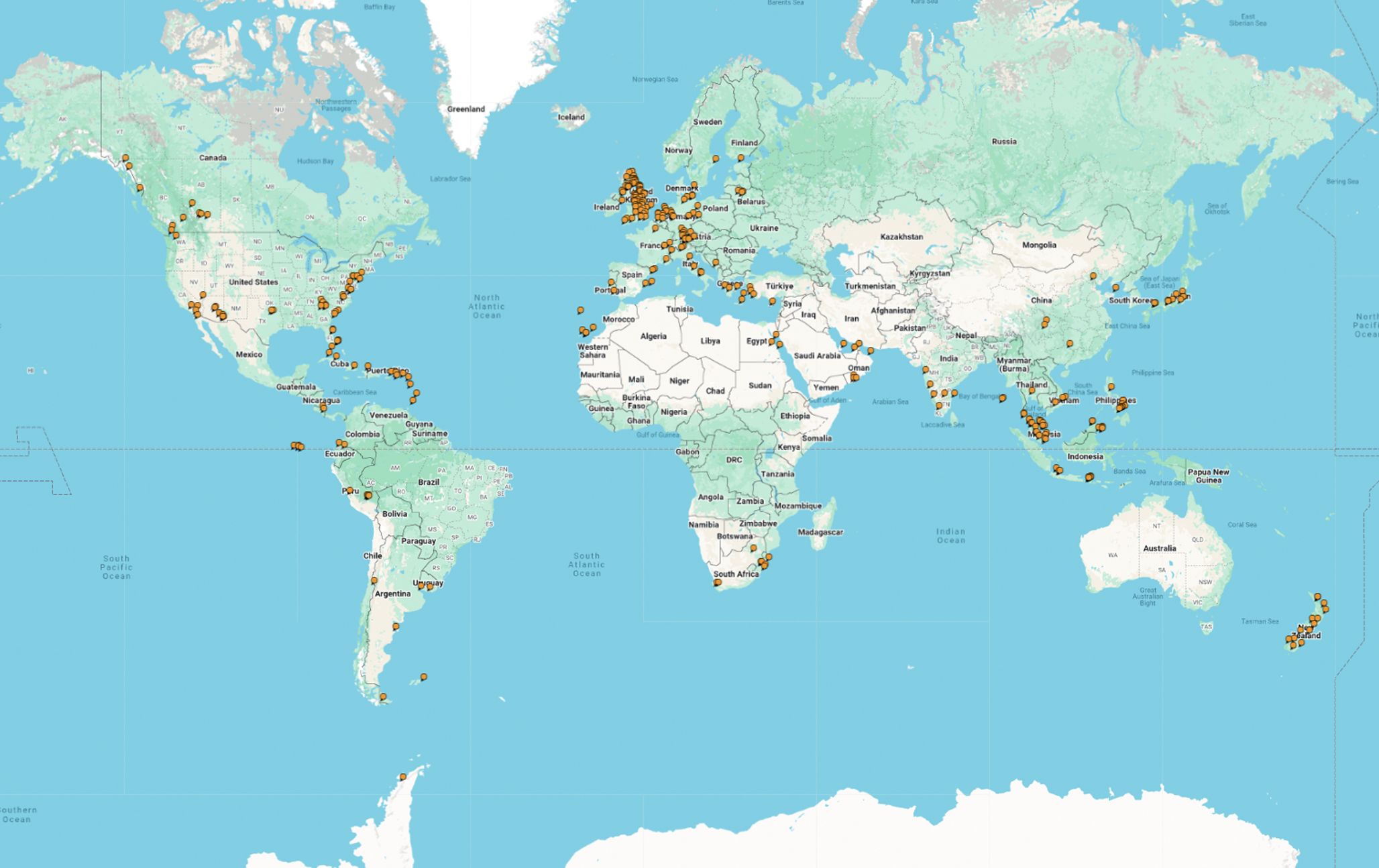 Map showing places visited by Rick Parker (Underwater Parker) around the world
